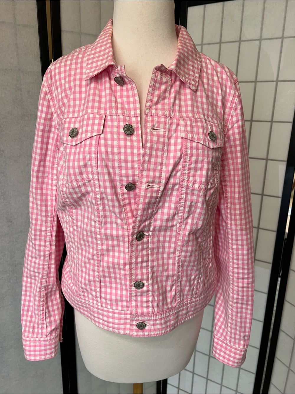 Talbots Pink Gingham Button-Up Jean Jacket